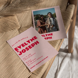 Modern Roze Rood Retro Bold Funky Foto Bruiloft Kaart