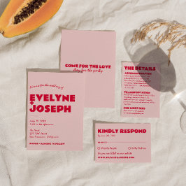 Modern Roze Rood Retro Vet Funky Unieke Bruiloft Kaart