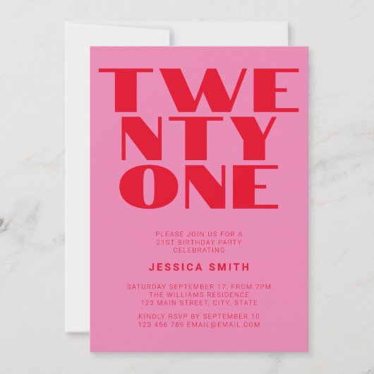 Modern Roze Rood Vet 21e Verjaardag Kaart (Voorkant)