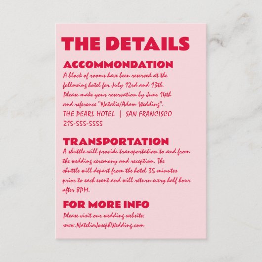 Modern Roze Rood Vet Helder Unieke Bruiloft Detail Informatiekaartje (Voorkant)
