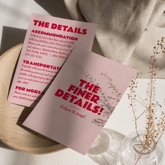 Modern Roze Rood Vet Helder Unieke Bruiloft Detail Informatiekaartje
