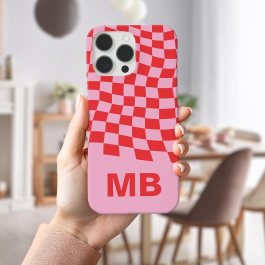 Modern Roze Rood Wavy Geruit Patroon Monogram Case-Mate iPhone Case