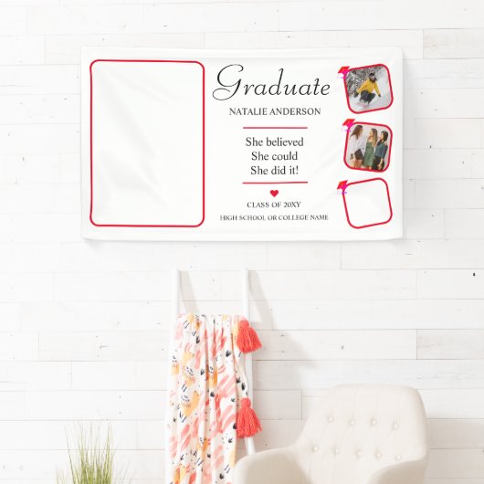 Modern Roze Rood Wit Afstuderen Foto Afstuderen Spandoek (Insitu)