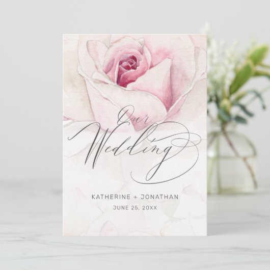Modern Roze Rose Waterverf Bloemenscript Bruiloft Kaart (Staand voorkant)