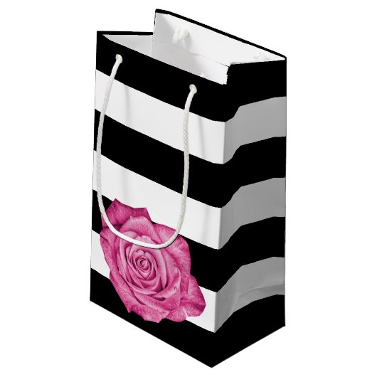 Modern Roze Rose Zwart Wit Gestreept Bruiloft Klein Cadeauzakje (Achterkant Gekanteld)