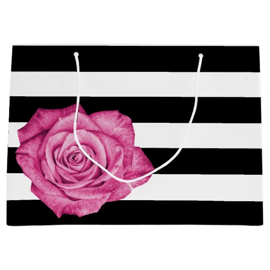 Modern Roze Rose Zwart Wit Gestreept Bruiloft Large Cadeautasje (Voorkant)