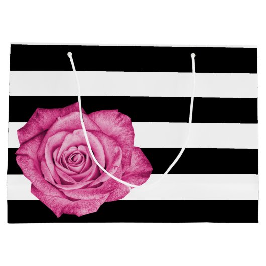 Modern Roze Rose Zwart Wit Gestreept Bruiloft Large Cadeautasje (Achterkant)