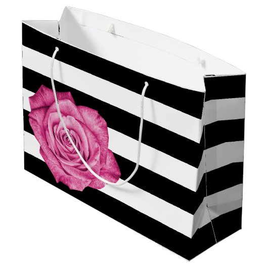 Modern Roze Rose Zwart Wit Gestreept Bruiloft Large Cadeautasje (Achterkant Gekanteld)
