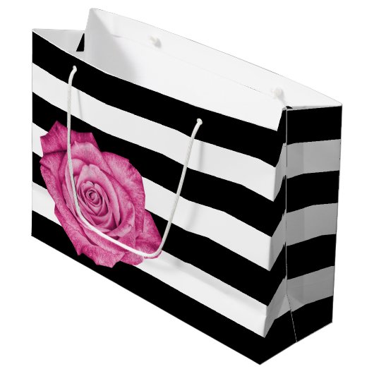 Modern Roze Rose Zwart Wit Gestreept Bruiloft Large Cadeautasje (Voorkant Gekanteld)