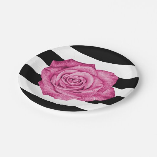 Modern Roze Rose Zwart Wit Gestreept Bruiloft Papieren Bordje (Gekanteld)