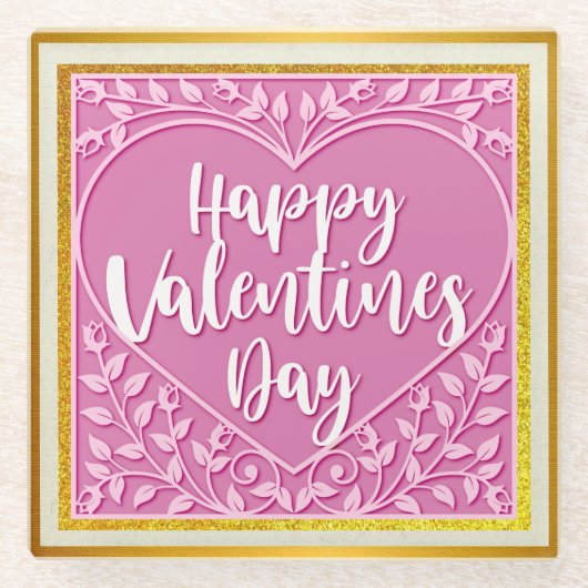 Modern Roze Roze Bloemenhart Romantische Valentijn Glazen Onderzetter (Voorkant)