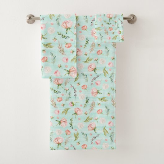 Modern Roze Roze Bud Mint Streep Patroon Bad Handdoek (Insitu)