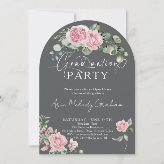 Modern roze rozen script foto afstuderen kaart (Voorkant)