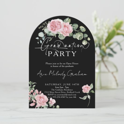 Modern roze rozen script foto afstuderen kaart (Staand voorkant)