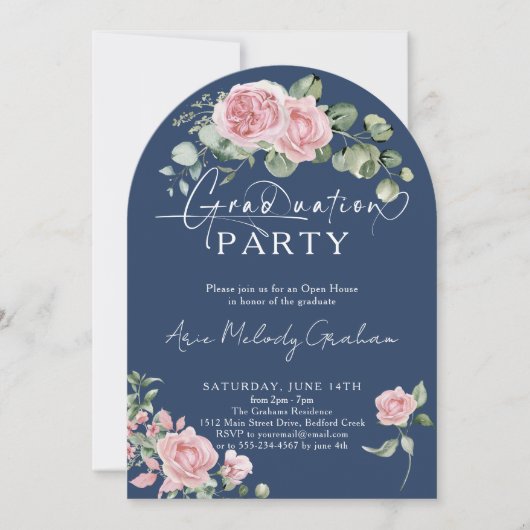 Modern roze rozen script foto afstuderen kaart (Voorkant)