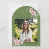 Modern roze rozen script foto afstuderen kaart (Achterkant)