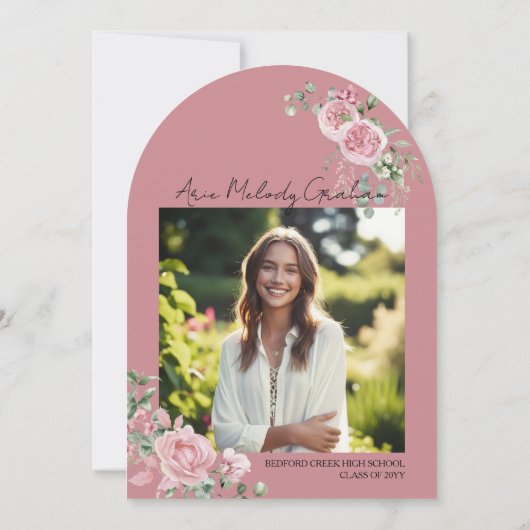 Modern roze rozen script foto afstuderen kaart (Achterkant)