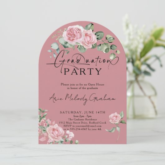 Modern roze rozen script foto afstuderen kaart (Staand voorkant)