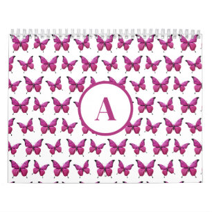 Modern Roze Schattige Vlinderpatroon Monogram Kalender