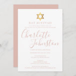 Modern Roze Script Bat Mitzvah Kaart<br><div class="desc">Met de roze naam van het roos script. Personaliseer uw speciale informatie van de Bat Mitzvah in het  roze roze letterschrift op dit stijlvolle ontwerp. Ontworpen door: Thisnotme©</div>