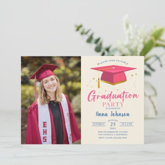 Modern roze script foto afstudeerfeest kaart (Staand voorkant)