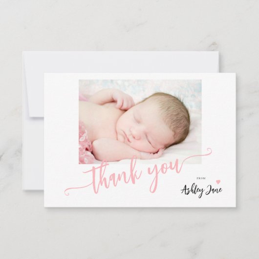 Modern roze script foto baby shower dank u bedankkaart (Voorkant)