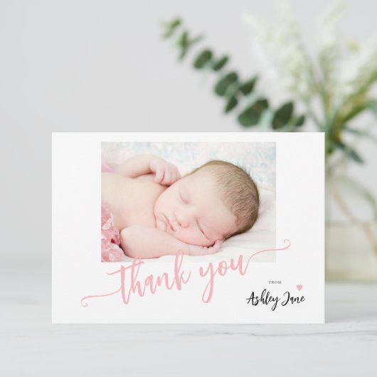Modern roze script foto baby shower dank u bedankkaart (Staand voorkant)