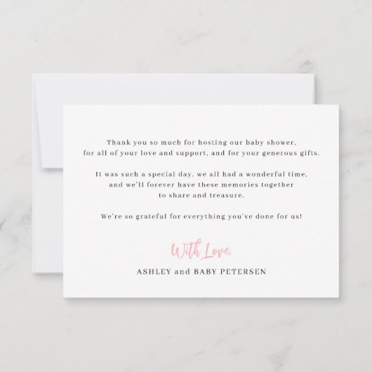 Modern roze script foto baby shower dank u bedankkaart (Achterkant)