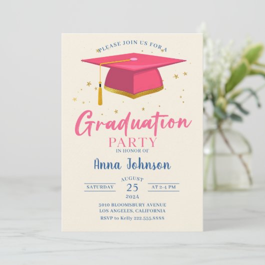 Modern Roze Script Graduation Party Kaart (Staand voorkant)