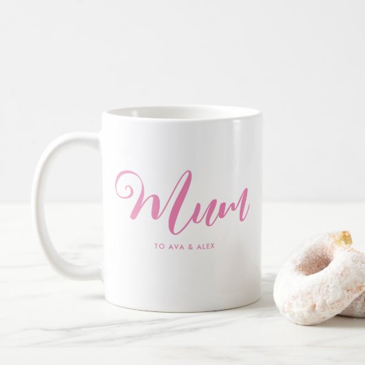 Modern Roze Script met namen Moederdag Mum Koffiemok (Met donut)
