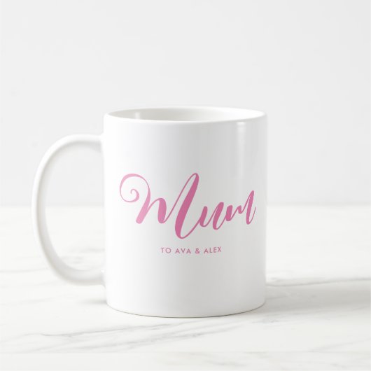Modern Roze Script met namen Moederdag Mum Koffiemok (Links)