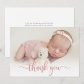 Modern roze script pasgeboren Baby foto dank u Bedankkaart (Voorkant / Achterkant)
