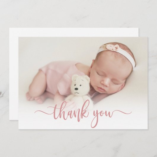 Modern roze script pasgeboren Baby foto dank u Bedankkaart (Voorkant / Achterkant)