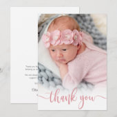 Modern roze script pasgeboren Baby foto dank u Bedankkaart (Voorkant / Achterkant)