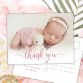 Modern roze script pasgeboren Baby foto dank u Briefkaart