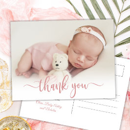 Modern roze script pasgeboren Baby foto dank u Briefkaart