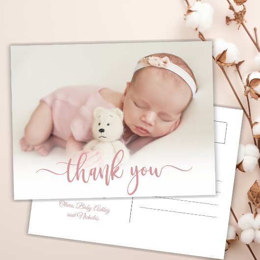 Modern roze script pasgeboren Baby foto dank u Briefkaart