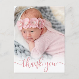 Modern roze script pasgeboren Baby foto dank u Briefkaart
