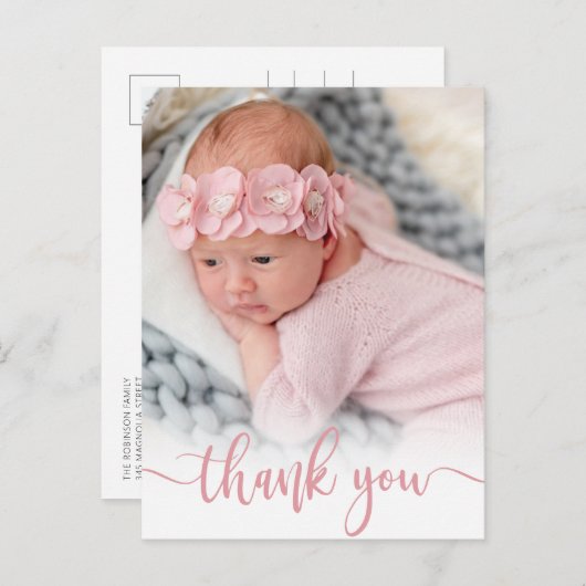 Modern roze script pasgeboren Baby foto dank u Briefkaart (Voorkant / Achterkant)