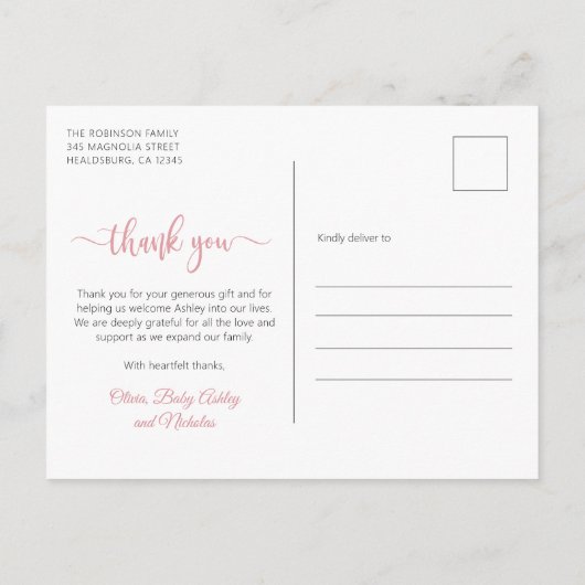 Modern roze script pasgeboren Baby foto dank u Briefkaart (Achterkant)