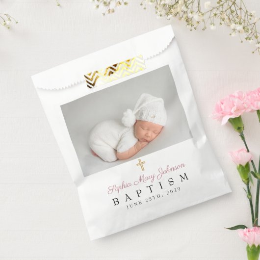 Modern Roze Script Photo Baptism Favor Bag Bedankzakje (Gezegeld)