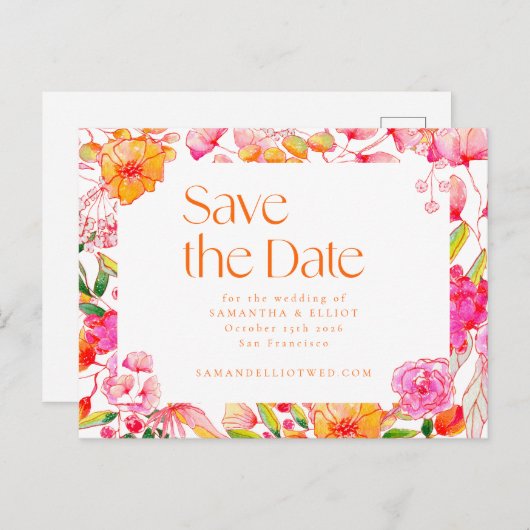 Modern Roze Sinaasappel Bloemen Bruiloft QR Code Briefkaart (Voorkant / Achterkant)