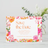 Modern Roze Sinaasappel Bloemen Trouwfoto Terug Save The Date (Staand voorkant)