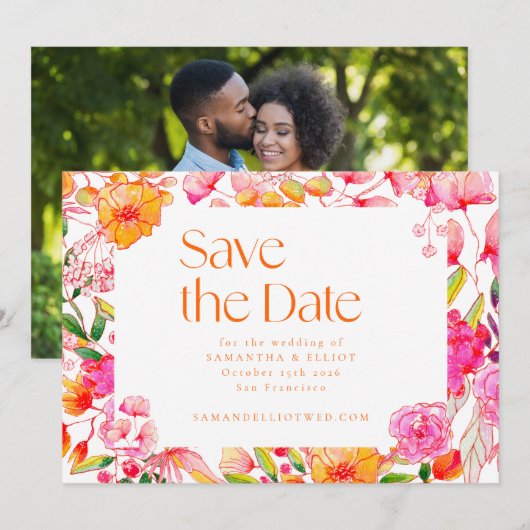Modern Roze Sinaasappel Bloemen Trouwfoto Terug Save The Date (Voorkant / Achterkant)