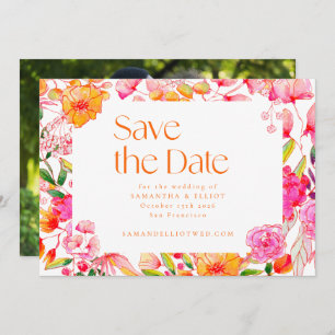 Modern Roze Sinaasappel Bloemen Trouwfoto Terug Save The Date
