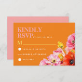 Modern Roze Sinaasappel Geel Bloemen Bruiloft RSVP Informatiekaartje (Voorkant / Achterkant)