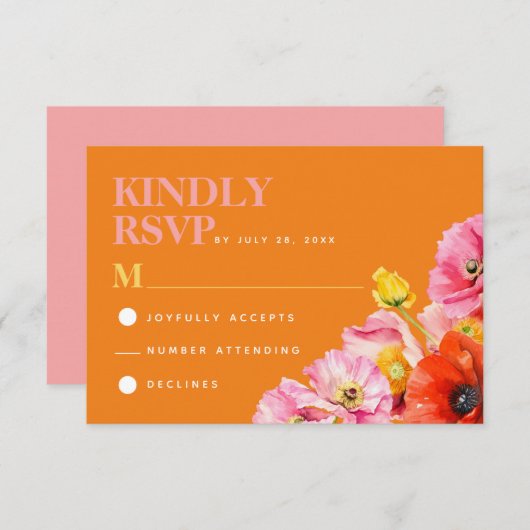 Modern Roze Sinaasappel Geel Bloemen Bruiloft RSVP Informatiekaartje (Voorkant / Achterkant)
