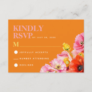 Modern Roze Sinaasappel Geel Bloemen Bruiloft RSVP Informatiekaartje