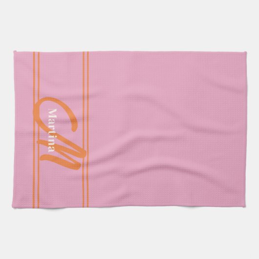 Modern Roze Sinaasappel Monogram Initiaal Theedoek (Horizontaal)