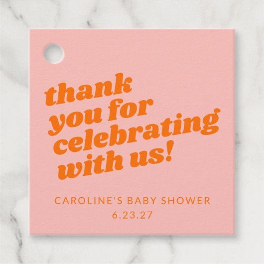 Modern Roze Sinaasappel Retro Baby shower Dank u Bedankjes Labels (Voorkant)